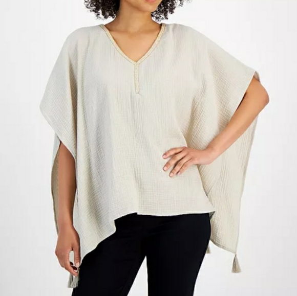 JM Collection Gauze Top Small Poncho Beaded Vacation Summer Boho Chic Tan - Picture 2 of 10